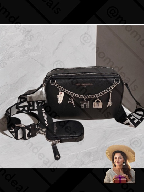 Karl Lagerfeld Handbags - Karl Lagerfeld Camera Bag Black Crossbody Black & White Logo Strap Charms Paris